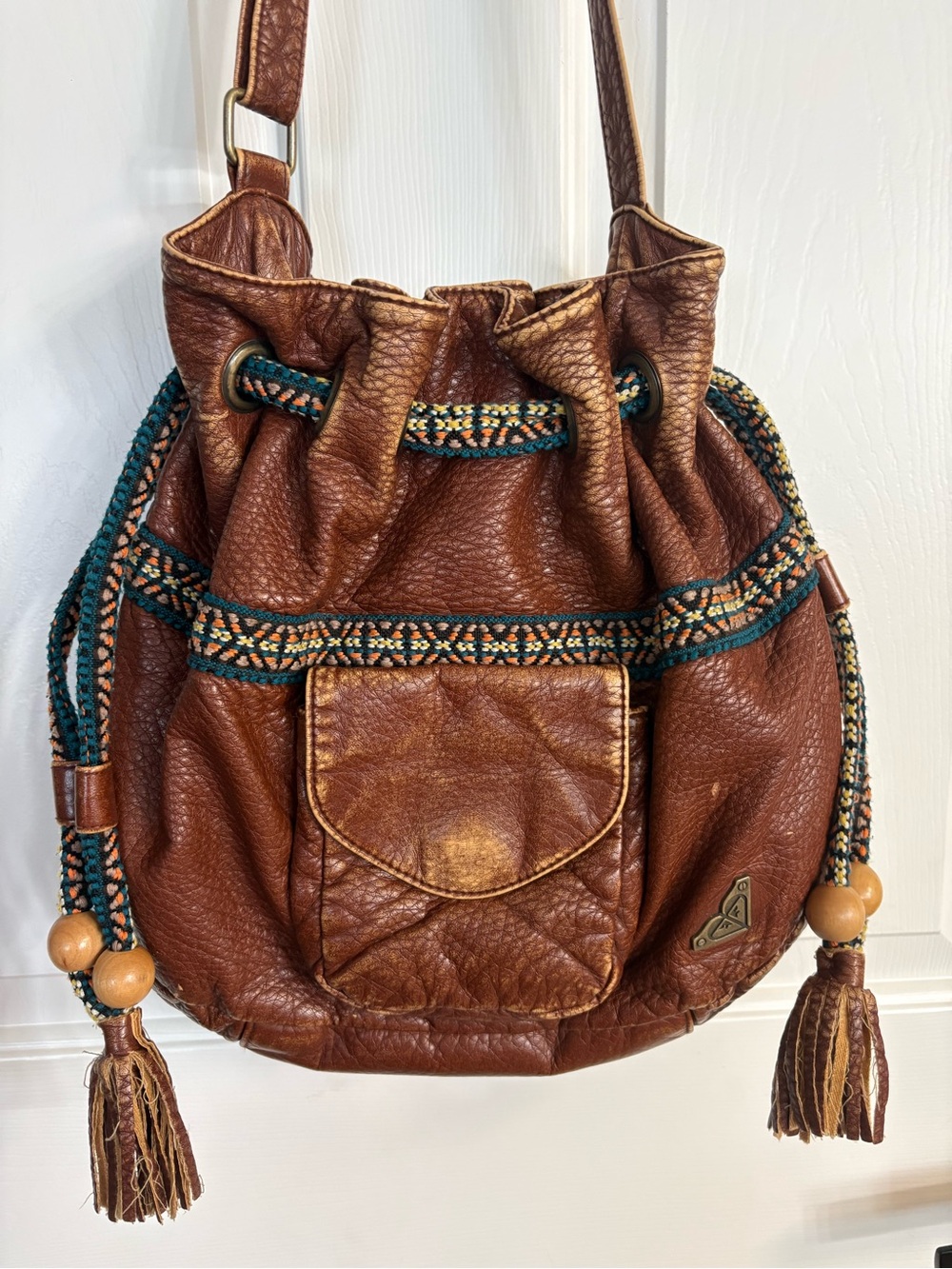 Vintage Bohemian Roxy Brown Faux-Leather Drawstring Bucket Bag